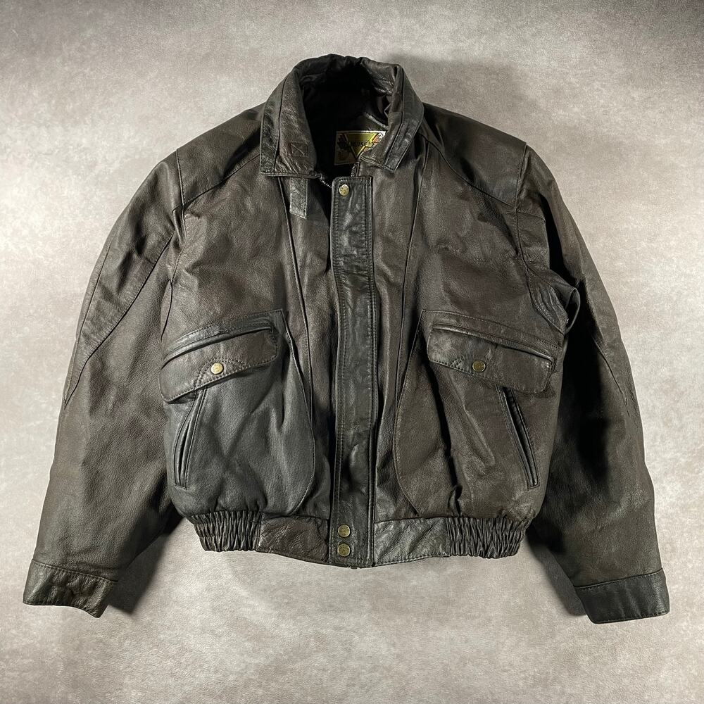 Phases Mens Large Brown Genuine Leather Bomber Jacket Vintage Full Zip
